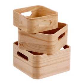 Set of Stackable Organising Boxes Caison Wood Natural 3 Pieces 18,5 x 18,5 x 10 cm