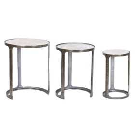 Set of 3 tables Home ESPRIT White Silver Aluminium Marble 45 x 45 x 56 cm