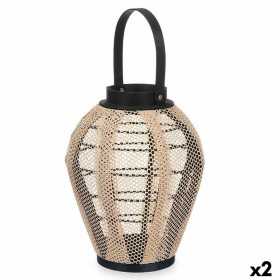 Candleholder Lantern With handle Beige Wood Cloth 25 x 30 x 25 cm (2 Units)